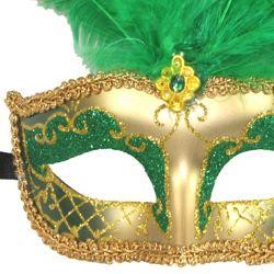 Green and Gold Paper Mache Venetian Masquerade Mask with Glitter Accents and with Green Large Ostrich Feathers