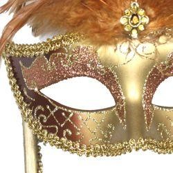 Dark Cream and Gold Venetian Masquerade Mask On A Stick with Large Ostrich Plumes