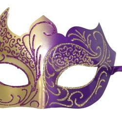 Purple and Gold Masquerade Mask with Gold Glitter Scrollwork