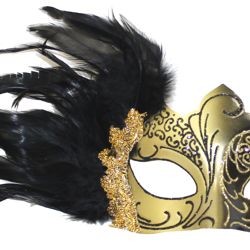 Black and Gold Masquerade Mask with Black Feathers