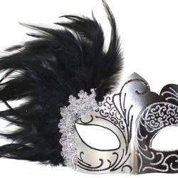 Black and Silver Masquerade Mask with Black Feathers