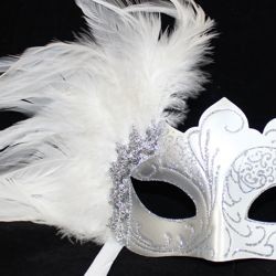 White and Silver Masquerade Mask with White Feathers