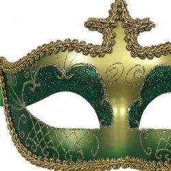 Green and Gold Hand Painted Venetian Masquerade Mask With Glittery Scrollwork