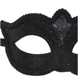 Black Cat Eye Masquerade Mask with Black Glittery Scrollwork And Rich Fabric Trim