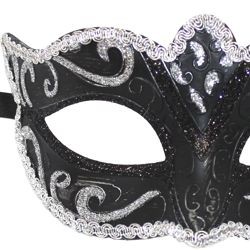 Black Cat Eye Masquerade Mask with Silver Glittery Scrollwork