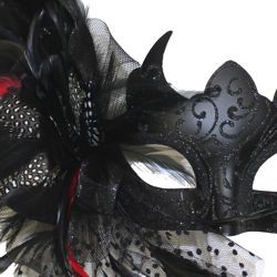 Black Plastic Venetian Masquerade Mask with Feathers And Sheer Material On The Side