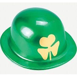 10in Tall x 9in Wide Plastic Metallic Derby Hat With Gold Shamrock Print 