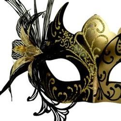 Black and Gold Venetian Masquerade Mask with Black Metal Laser Cut