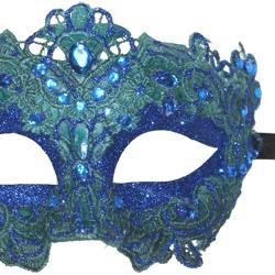 Blue Venetian Macrame Masquerade Mask with Glitter Accents and with Rhinestones