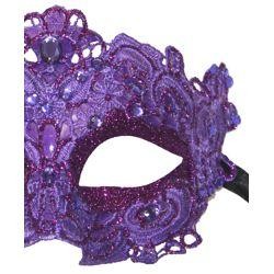 Purple Venetian Macrame Masquerade Mask with Glitter Accents and with Rhinestones