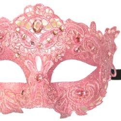 Pink Venetian Macrame Masquerade Mask with Glitter Accents and with Rhinestones