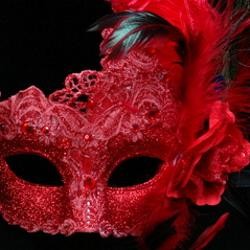 Venetian Macrame Red Masquerade Mask With Rhinestones And With Feathers On The Side