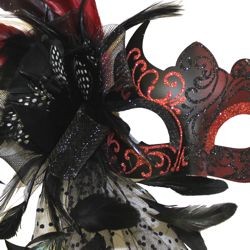 Black Venetian Masquerade Mask with Red accents and with Feather