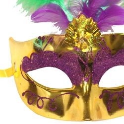 Mardi Gras Plastic Venetian Masquerade Mask with Glitter Accents and with Feathers