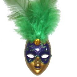 4in Tall x 1 1/4in Wide Purple/ Green/ Gold Plastic Doll Face Magnet w/Green Feathers 