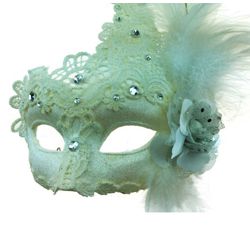 Venetian Macrame White/ Creme Masquerade Mask with Rhinestones And Feathers