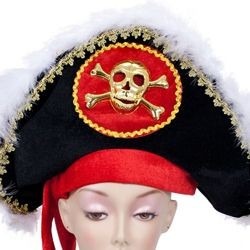 Deluxe Pirate Hat w/ White Feather And Gold Skull 