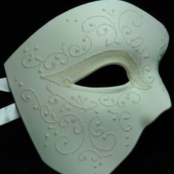 White Venetian Phantom Masquerade Mask With White Glittery Scrollwork