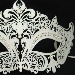 Venetian Metal Laser-Cut White Masquerade Mask with Rhinestones