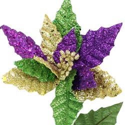 Purple, Green, and Gold Glittered Poinsettia Floral Pick 