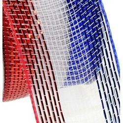2.5in Wide x 75ft Long Metallic Red/ White/ Blue Stripe Mesh Ribbon