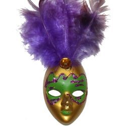 4in Tall x 1 1/4in Wide Purple/ Green/ Gold Plastic Doll Face Pin w/Purple Feathers 