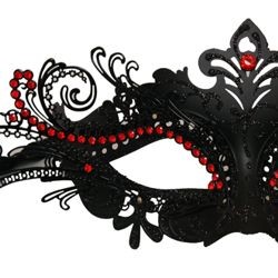 Black Venetian Papier Mache Masquerade Mask with Black Metal Laser Cut and Red Crystals on Eyes