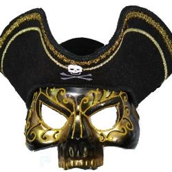 Black Pirate Skull Masquerade Half Mask With Gold Design 