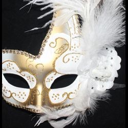 White and Gold Venetian Masquerade Mask with White Ostrich Plumes and a Flower