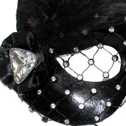 Fancy Black Party Masquerade Eye Mask with Gemstones And Feathers On The Side