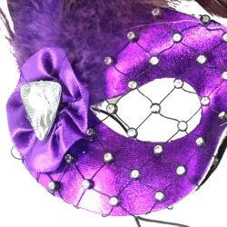 Fancy Purple Party Masquerade Eye Mask with Gemstones And Feathers On The Side