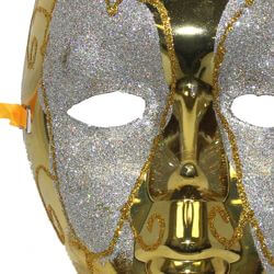 Metallic Gold Plastic Drama Masquerade Mask With Silver and Gold Glittered Scrollwork