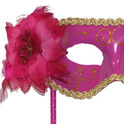 Hot Pink Plastic Sequin Masquerade Mask on a Stick with Flower On The Side