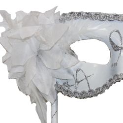 White Plastic Sequin Masquerade Mask on a Stick with a Flower On The Side