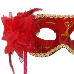 Red Plastic Sequin Masquerade Mask on a Stick with a Flower On The Side
