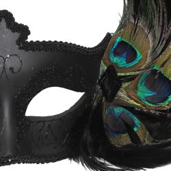 Black Masquerade Mask with Glittery Patterns and Peacock Feathers
