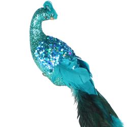 23in Long Teal Glittered Peacock/ Feather Tail w/ Clip