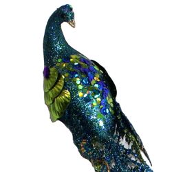 20in Long x 4in Wide Turquoise/ Gold Glittered Plastic Peacock w/ Clip