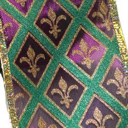 2.5in x 30ft Purple/ Green/ Gold Chex fleur de lis Sheer Ribbon