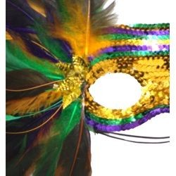 Purple/ Green/ Gold Sequin Feather Mask With A Stick