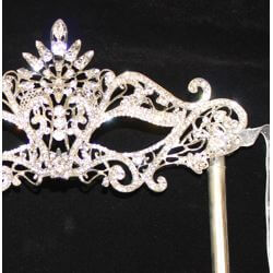 8in Wide x 4in Tall Rhinestone Silver Eye Masquerade Mask on a Stick