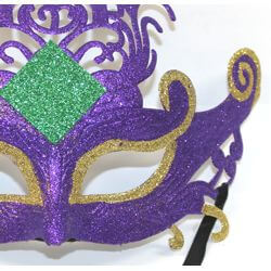 8in Tall x 9 1/2in Wide Plastic Purple Mardi Gras Mask w/ Glitter Design and Rhinestone
