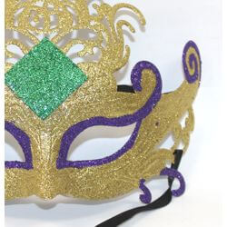 8in Tall x 9 1/2in Wide Plastic Gold Mardi Gras Mask w/ Glitter Design and Rhinestone