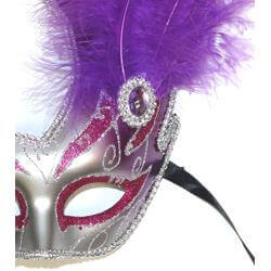 10in Tall x 6.75in Wide Fancy Plastic Mardi Gras Mask w/ Purple Feathers on the Side