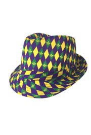 Mardi Gras Fedora Hat with Diamond Design with Fleur de Lis Accents