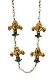 42in Long Mardi Gras Necklace with 4 Fleur de Lis medallions