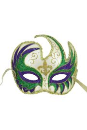 6.75in Long x 6in Wide Glitter Mardi Gras Masquerade Mask w/ Fleur de Lis Design