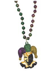 36in 10mm Mardi Gras Tricolor Necklace with Jester medallion