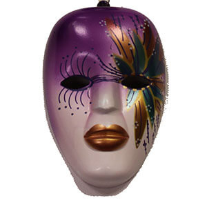 38in 12mm Round Metallic Purple Necklace with 4.5in Tall Painted Mardi Gras Mask Medallion