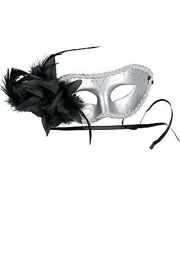 Metallic Silver Eye Mask with Black Flower and Feather Accents on the side